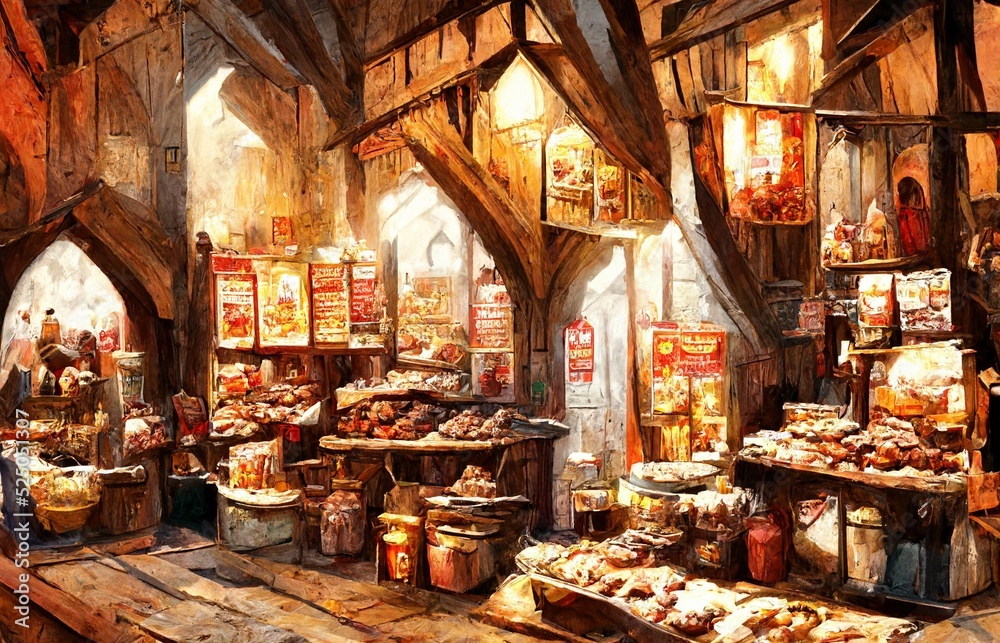 A scene of a shopping street in a fictional world.