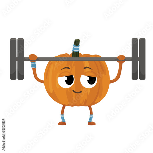 Funny sporty pumpkin with barbell on white background