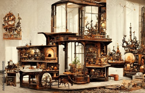 CG illustration of antique furniture and figurines.
