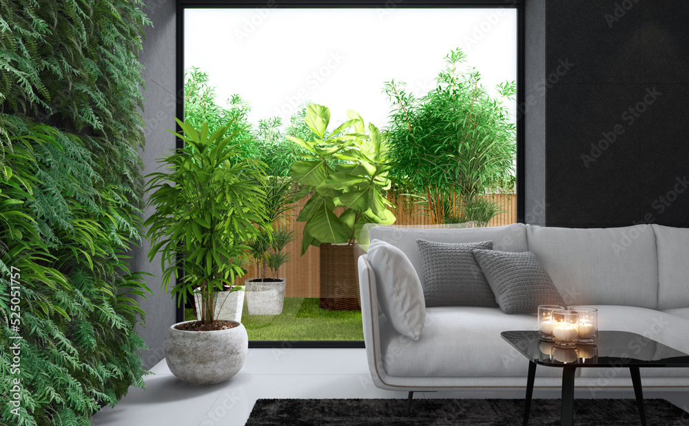 Modern villa. Architecture concept for Real estate. Green plant wall in living room and big window open to small garden with a lot of plants. 3d illustration