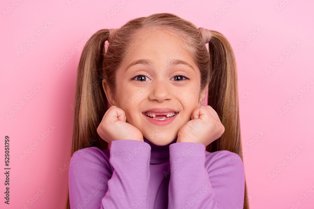 Photo of adorable young girl with two tails hold hands cheeks have no front teeth isolated on pink color background Photo of adorable young girl with two tails hold hands cheeks have no front teeth isolated on pink color background