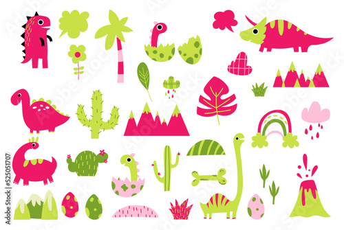 Cute childish nursery big dinosaur monster prehistoric jurassic park collection for newborn apparel pattern with rainbow, trees, bushes, cloud with boho rainbows