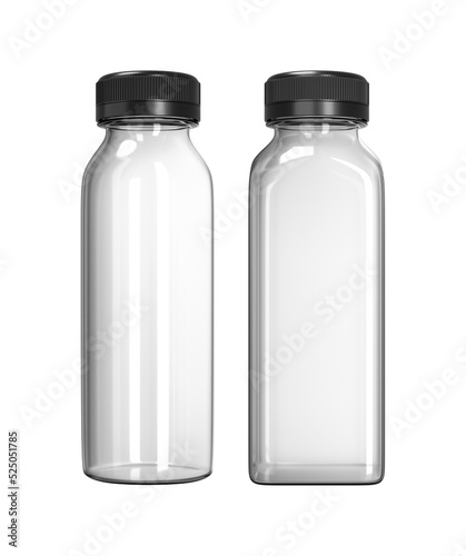 Empty square and round plastic bottle mockup isolated on white background. 3D-rendering.