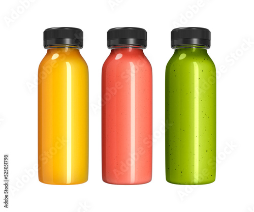 Fruit juice bottle set mockup. Round plastic bottle isolated on white background. 3D-rendering.