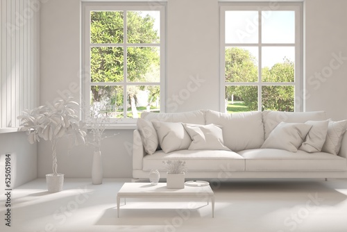 White living room with sofa and summer landscape in window. Scandinavian interior design. 3D illustration