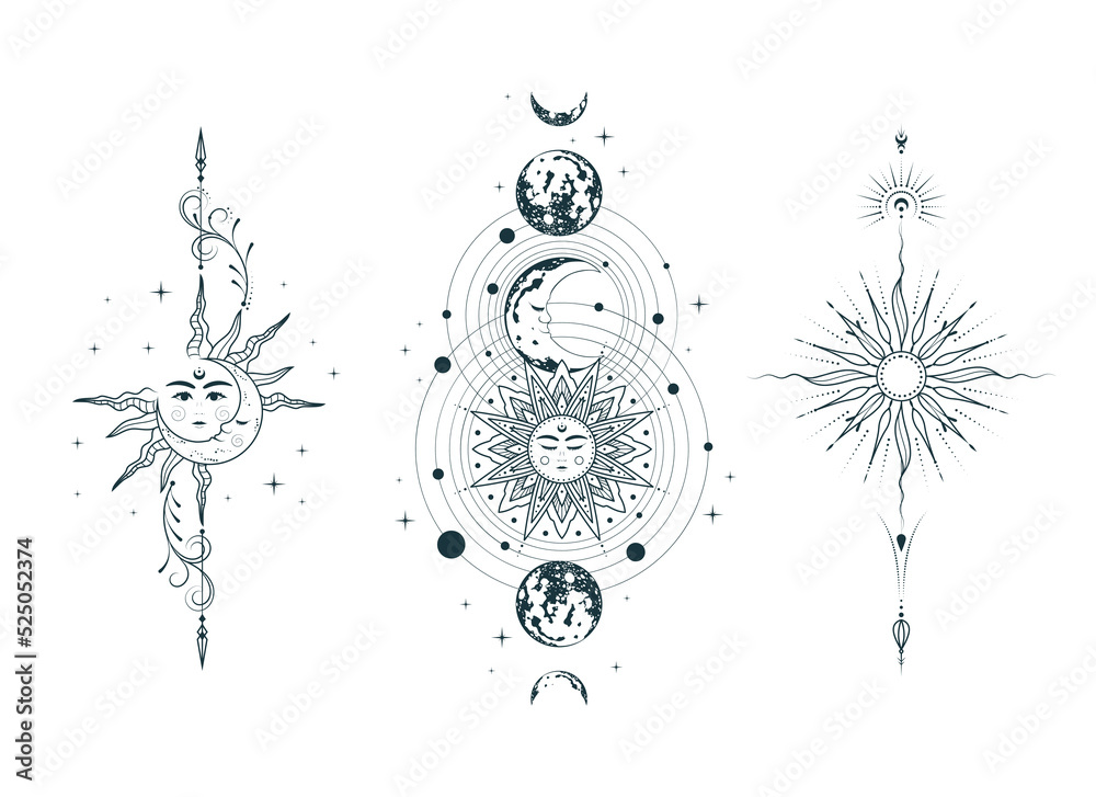 Celestial sun, moon and planets collection. Set of three mystical vector  illustrations in boho style for esoteric design, tattoo, tarot cards,  print, stickers and witchcraft isolated on white. Stock Vector | Adobe