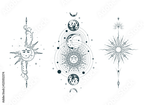 Celestial sun, moon and planets collection. Set of three mystical vector illustrations in boho style for esoteric design, tattoo, tarot cards, print, stickers and witchcraft isolated on white.