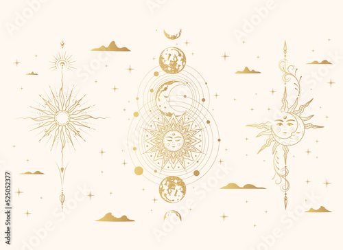 Golden  celestial sun, moon and planets collection. Mystical vector illustration in boho style for esoteric design, background, tarot cards, wall design, and witchcraft isolated on white.