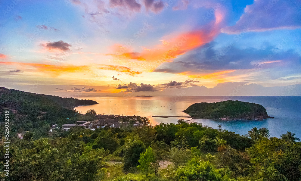 Koh Phangan island sunset view from mountain top in Thailand