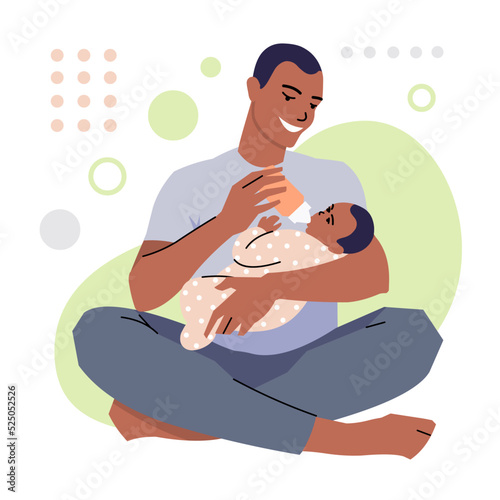 A dark-skinned man feeds a baby with milk from a bottle. A young father with a newborn baby in his arms, sitting on the floor. Concept of parental leave and child care. Flat style. Vector isolated. 