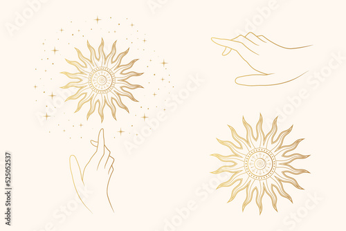 Golden collection of celestial sun and a hand. Isolated set of 3  vector esoteric objects. Hand drawn illustration in boho style for mystical design, tarot cards and stickers.