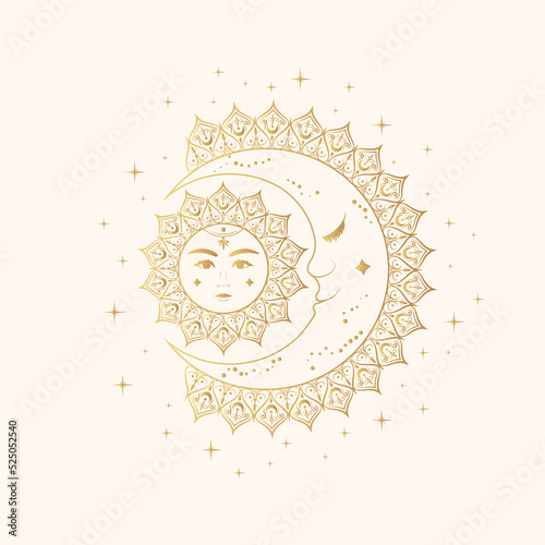 Golden sun inside the moon. Celestial design for astrology, sticker, tarot. Hand drawn vector illustration  in boho style, isolated on white background.