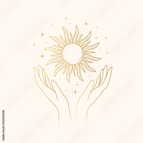 Mystical image of  golden hands holding the sun. Vector esoteric illustration isolated on white. Celestial design for astrology, tarot cards and stickers.