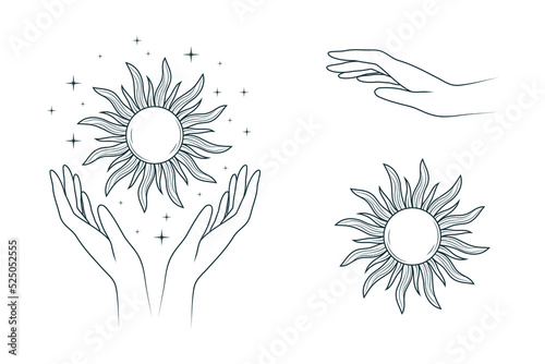 Celestial collection of sun and hands. Vector isolated set of 3  esoteric objects. Hand drawn illustration in boho style for mystical design, tarot cards, tattoo and stickers.