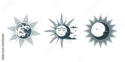 Celestial suns and moons collection. 3  mystical images isolated on white background, engraving style. Hand drawn vector illustration for esoteric design, astrology, zodiac, stickers, tattoo and tarot