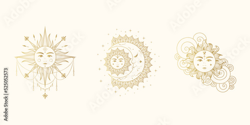 Golden celestial collection of sun and moon with faces. Mystical elements for esoteric design, zodiac, witchcraft, tarot cards and astrology. Hand drawn illustration isolated on white, engraving style