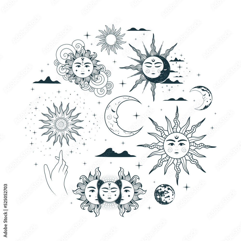 Mystical sun and moon collection. Isolated set of esoteric symbols. Hand drawn vector illustration in boho style  for witchcraft, tarot cards, tattoo  and stickers.