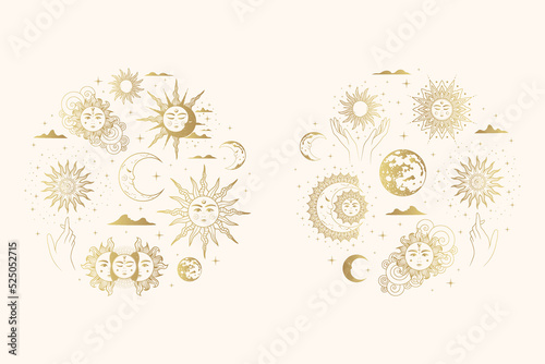 Mystical sun and moon golden collection. Isolated set of two round illustration with esoteric symbols. Hand drawn vector images in boho style. Design for astrology, tarot cards and stickers.
