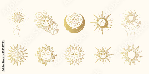 Celestial sun and moon golden collection. Isolated set of 10 esoteric objects. Hand drawn vector illustration in boho style for mystical design, tarot cards and stickers.