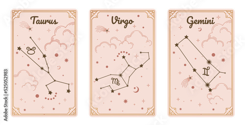 Taurus, Virgo, and Gemini zodiac symbols surround clouds, stars, luxury, esoteric, and boho styles. Fit for paranormal, tarot readers, and astrologers