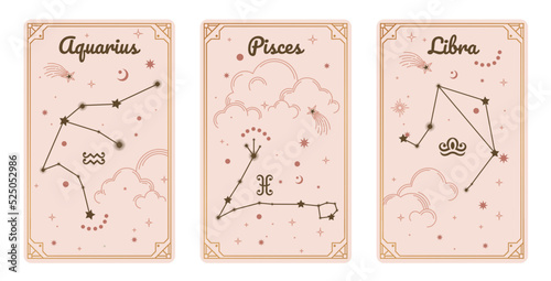 Aquarius Pisces and Libra zodiac symbols surround clouds and stars. Astrology horoscope cards vector illustrations