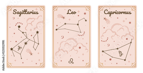 Sagittarius Leo and Capricornus zodiac symbols surround clouds, stars, luxury, esoteric, and boho styles. Fit for paranormal tarot readers and astrologers.