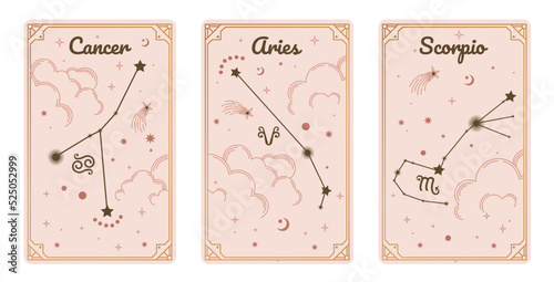 Cancer Aries and Scorpio zodiac symbols surround clouds, stars, luxury, esoteric, and boho styles. Fit for paranormal, tarot readers, and astrologers