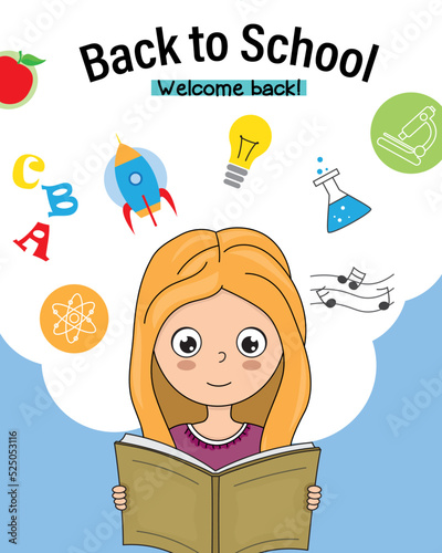 Back to school card. Girl reading. 