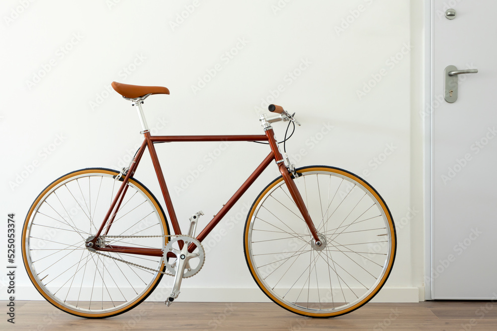 Brown hipster urban bicycle at apartment home. Brown hipster urban bicycle at apartment home.