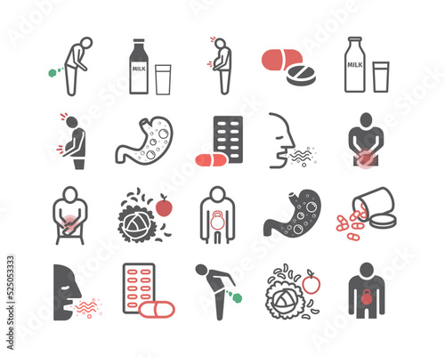 Flatulence. Symptoms, Treatment. Line icons. Vector signs for web graphics.