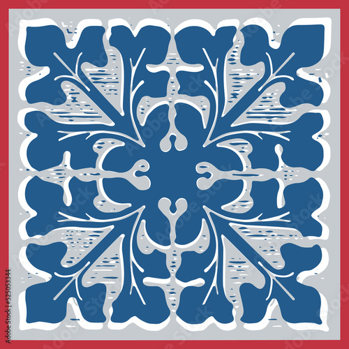 Abstract simple floral rosette in a square. Interior wall design. Geometric oriental arabesque leaf pattern fashion style. Traditional pottery for floor. Vector illustration graphic. Blue red colors