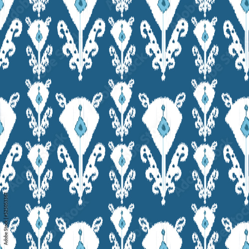 Digital ikat pattern for silk fabrcs. Traditional textile productin Uzbekistan and other countries of Central Asian region. Beautiful adras or atlas in uzbek language. Margilan city.  photo