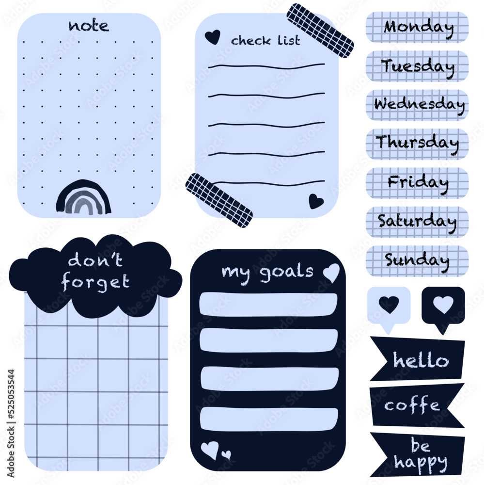 Vecteur Stock Planner stickers. Organizer tags, color patterns and calendar  icons. Check, planners and weekly days label. Notebook stamps doodle, memo  schedule sticker tag isolated vector symbols set | Adobe Stock