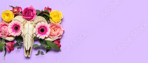 Skull of sheep with flowers on lilac background with space for text © Pixel-Shot