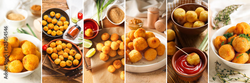 Set of tasty croquettes with tomato sauce on table, closeup photo