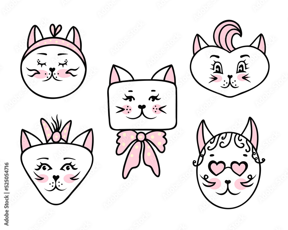 Cat face set, girls. Vector Illustration for printing, backgrounds, covers, packaging, greeting cards, posters, stickers, textile and seasonal design. Isolated on white background.