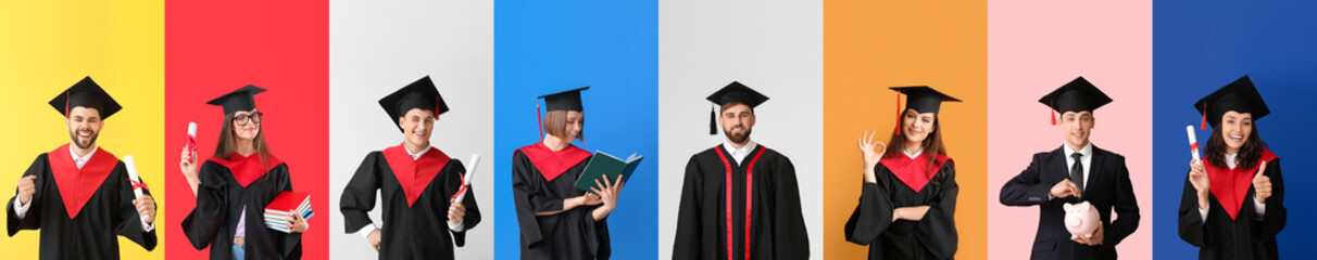 Group of graduating students on color background