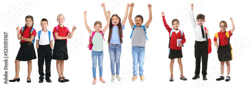 Group of happy little school children on white background