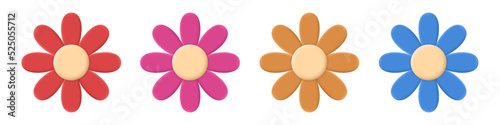 Flowers set. Chamomile in claymorphism style. Vector clipart isolated on white background.