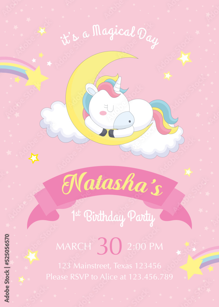 First Birthday Invitation with cute unicorn First Birthday Invitation with cute unicorn