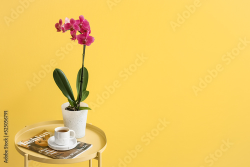 Orchid flower, cup of coffe...