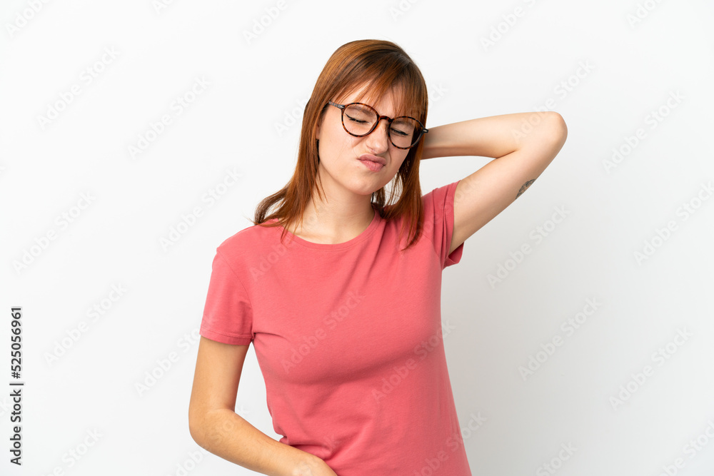 Redhead girl isolated on white background with neckache Redhead girl isolated on white background with neckache