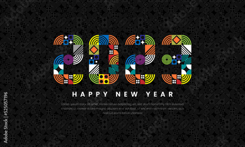 Happy New Year 2023. Geometric shape colorful number of 2023 on dark background. Template design for poster, calendar, banner, flyer, web. Vector illustration