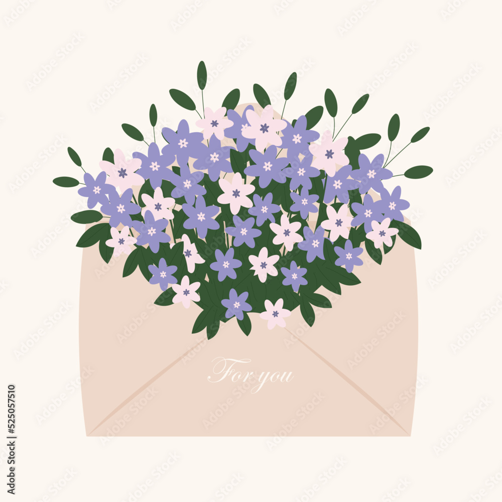 Postkarte, Karte for you, Briefumschlag mit Blumen, Valentine's Day greeting card.