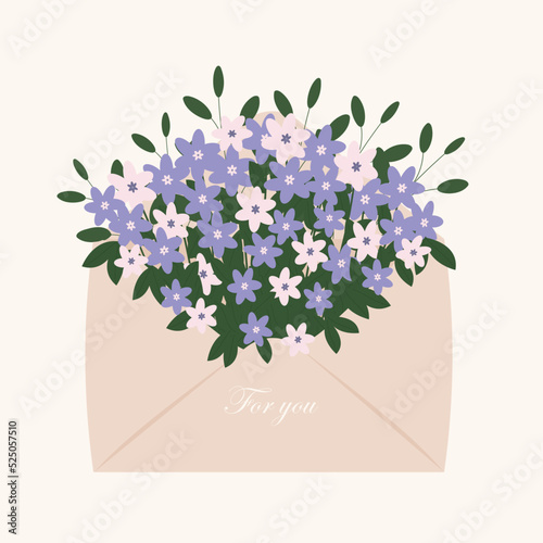 Postkarte, Karte for you, Briefumschlag mit Blumen, Valentine's Day greeting card.