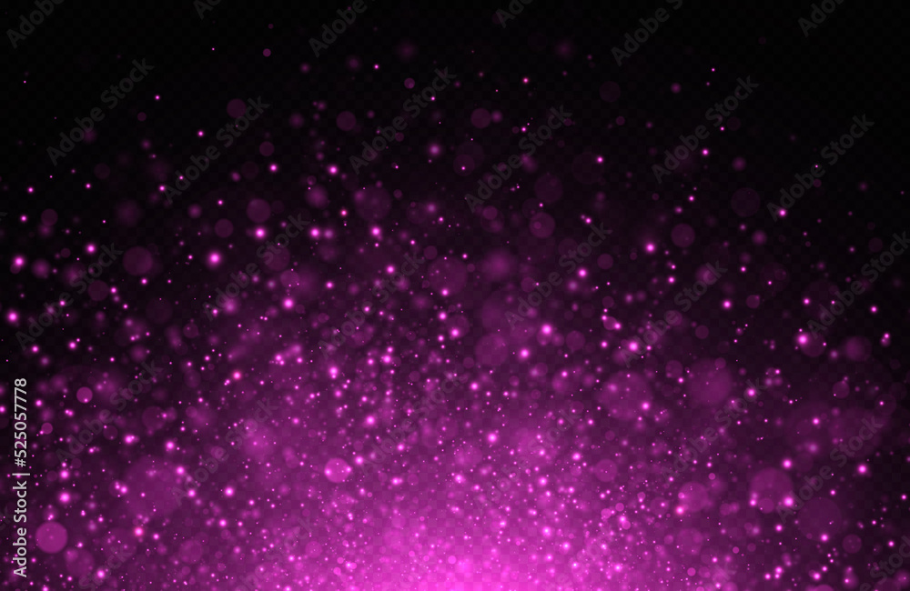 Glowing background of sparkles particles. Blurred bokeh twinkle on transparent background. Golden glitter light effect.
