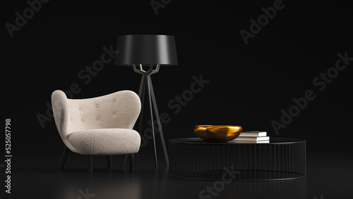 3d illustration on a black background, without sunlight. Scene with a white design armchair with a small table and a black lamp. Basic decoration on the table