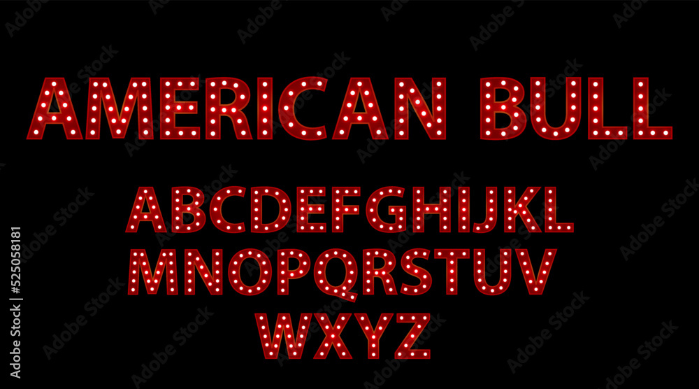 American bull. Red letters with luminous glowing lightbulbs. Vector typography words design. Template type font for poster. American bull. Red letters with luminous glowing lightbulbs. Vector typography words design. Template type font for poster.
