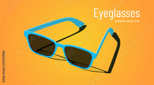 Eyeglasses isometric vector icon. Fun blue eyewear sunglass on a orange yellow summer background. Concept illustration.