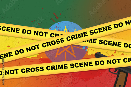 Ethiopia armed attack vector banner, shooting news concept, armed assault with gun and blood stain on flag